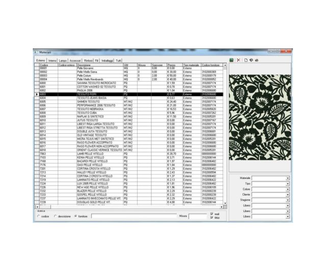 La tabella dei materiali consente di visualizzare l'elenco completo dei materiali suddivisi per tipologia, oltre ad effettuare ricerche attraverso filtri personalizzabili.