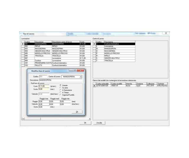 La tabella lavorazioni consente di calcolare tempi e costi di ogni singola lavorazione all'interno dell'azienda